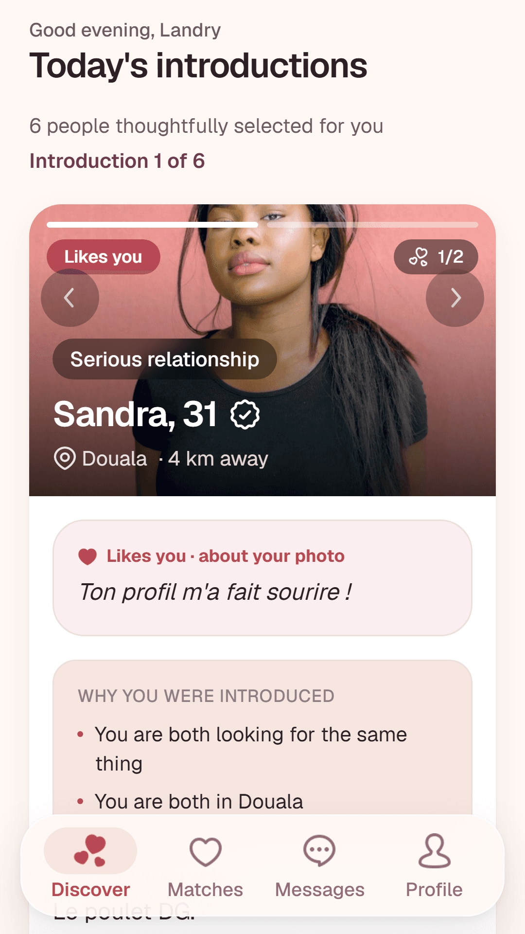 Moyana daily match screen showing a verified profile with a compatibility reason